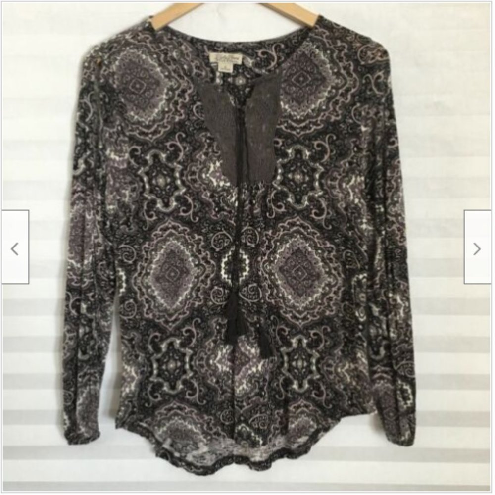 Lucky Brand Womens Long Sleeve Cold Shoulder Top Lace Tassle Lightweight